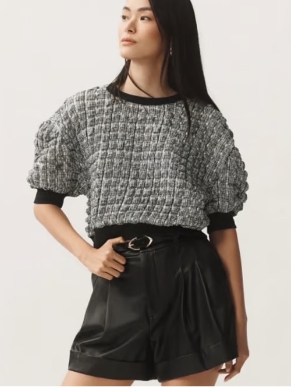 Anthropologie Maeve Puff Sleeve Bubble Top Black/White Plaid